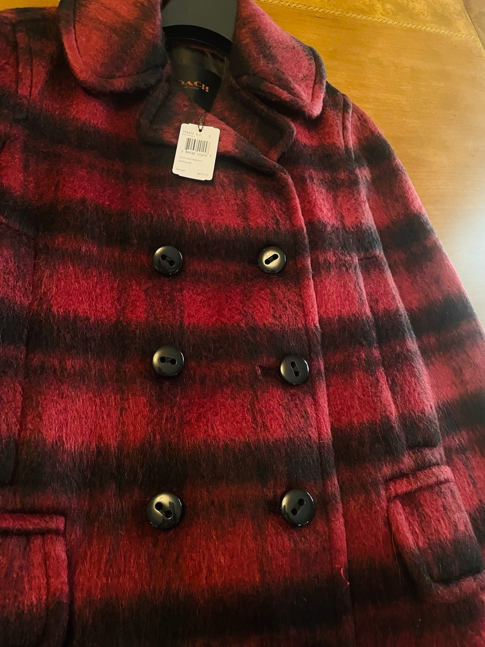 Coach women’s Dark Cranberry Plaid Double-Breasted long Pea Coat